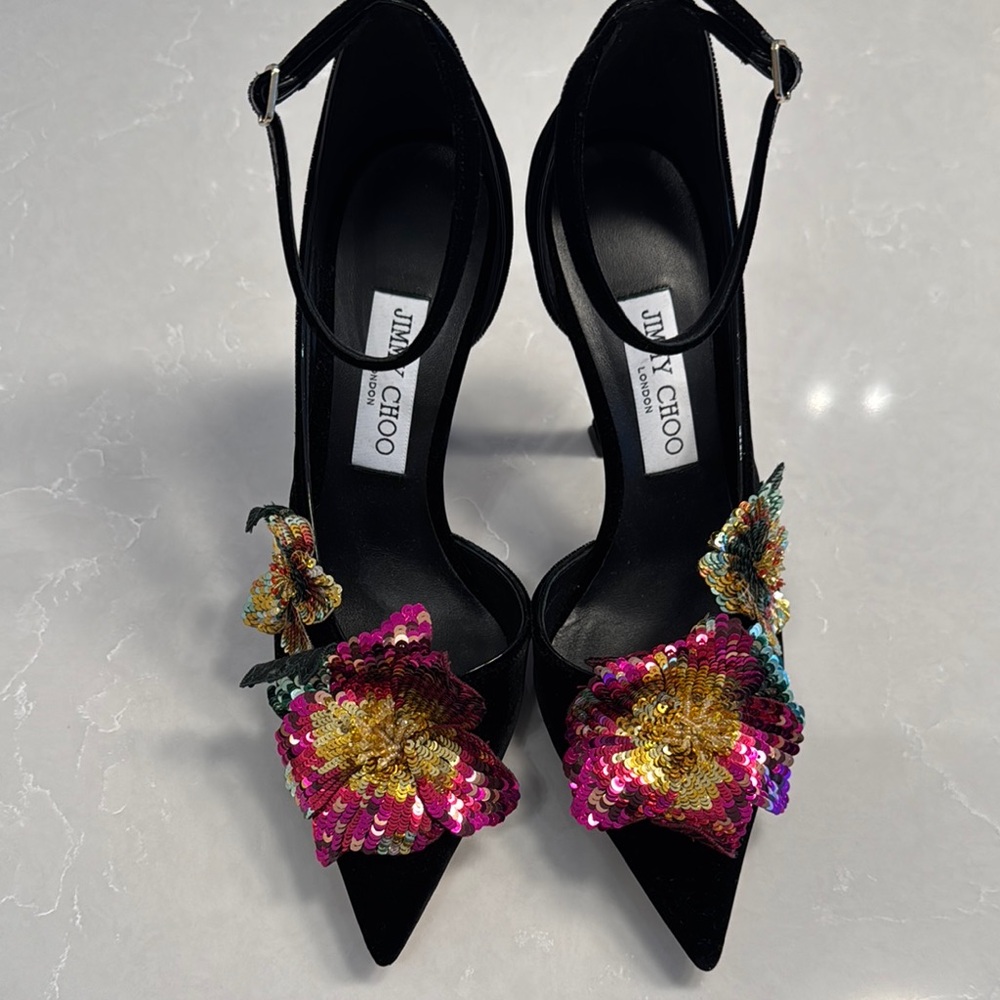 Jimmy Choo Black Floral Embellished Women's Heels